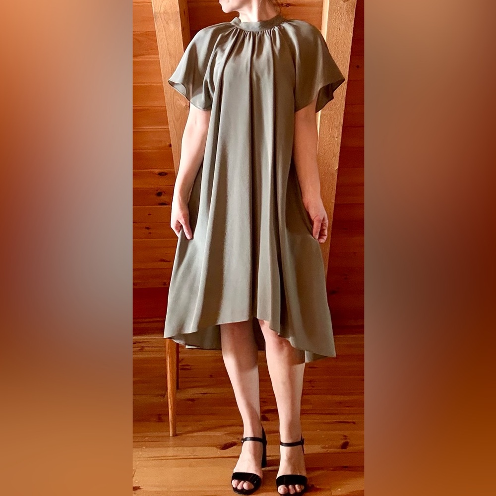 100% silk.  Club Monaco Sage Green High Low Dress.  Sz 4 but fits up to sz 8.